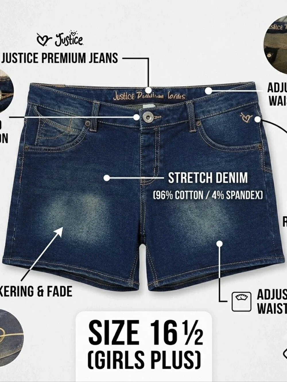 Justice Premium Jeans Girls Plus Denim Shorts Dark Wash Stretch Size 16 1/2